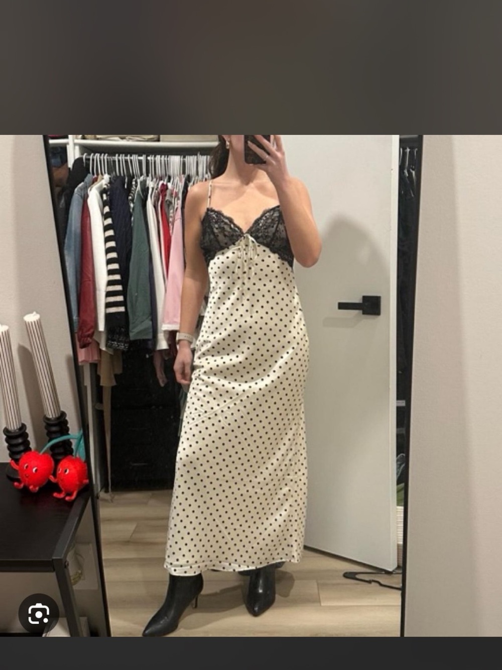 Free People Cream Polka Dot Satin Slip with Black Lace